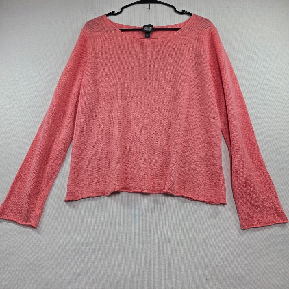 Eileen Fisher Coral 100% Linen Long Sleeve Sweater XL Minimalist Coastal Grandma